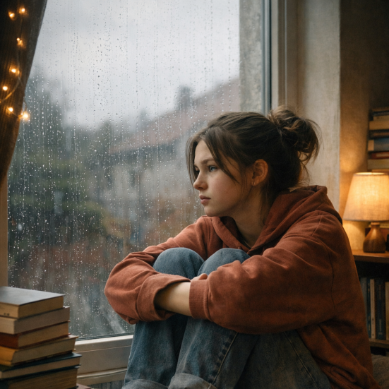 teenagepige kigger ud gennem vinduet, det regner udenfor