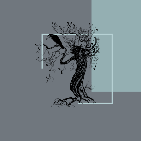 Grafik af vissent træ med sort fugl