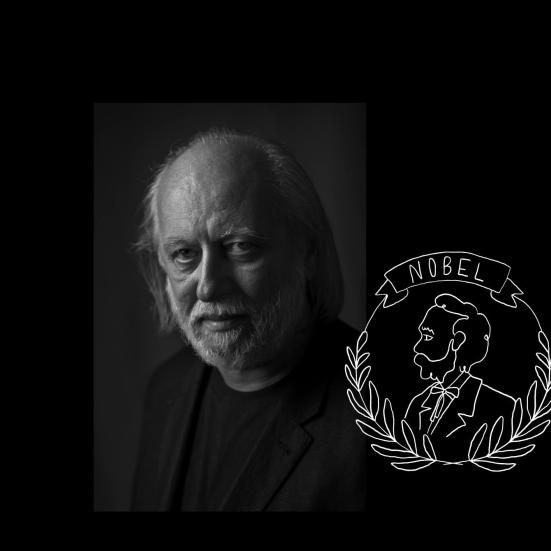 Portræt af Krasznahorkai László og grafik af nobelprisen