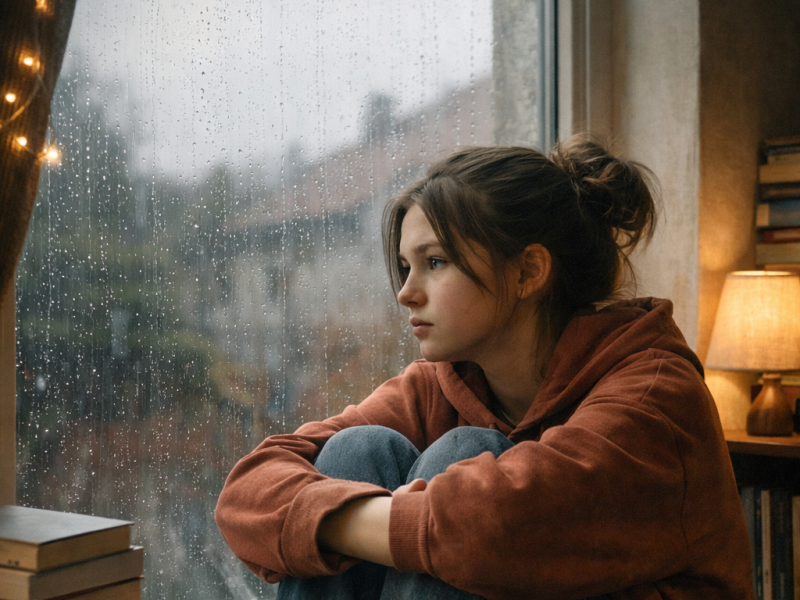 teenagepige kigger ud gennem vinduet, det regner udenfor