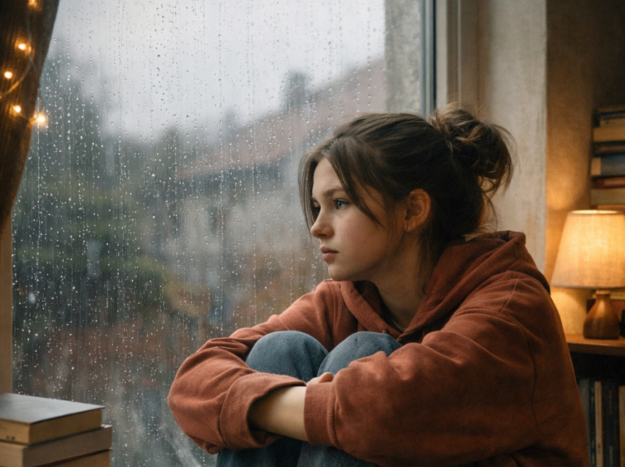 teenagepige kigger ud gennem vinduet, det regner udenfor